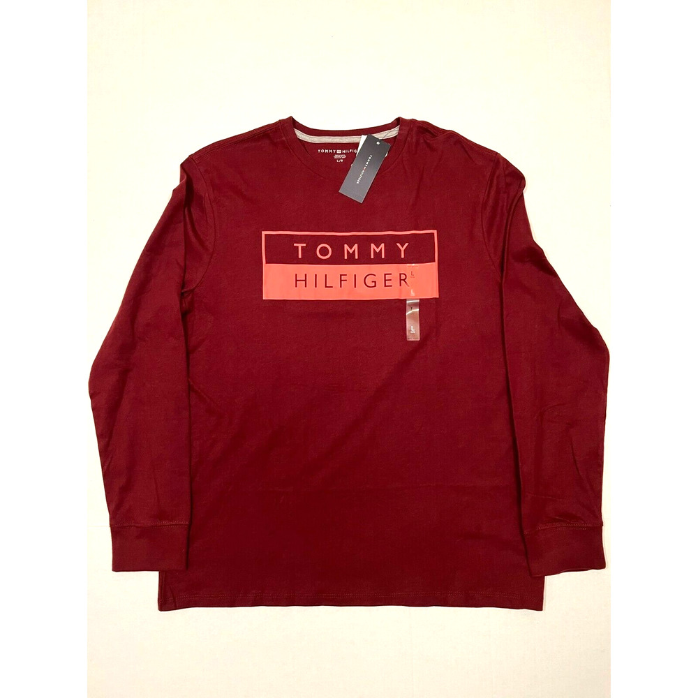MENS TOMMY HILFIGER Mens Crew Neck Long Sleeve T-shirt Red large 100% Cotton